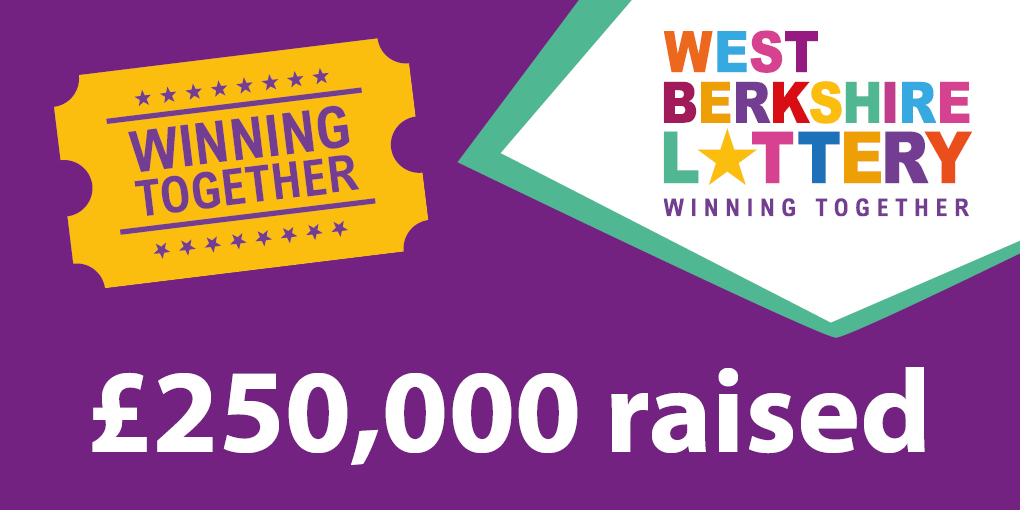 The West Berkshire Lottery logo with text saying '£250,000 raised'